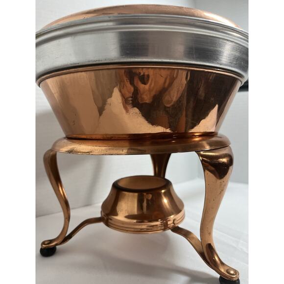 Vintage Copper Chafing Dish with Double Boiler and Fuel Holder 4 Piece Set - Picture 3 of 9